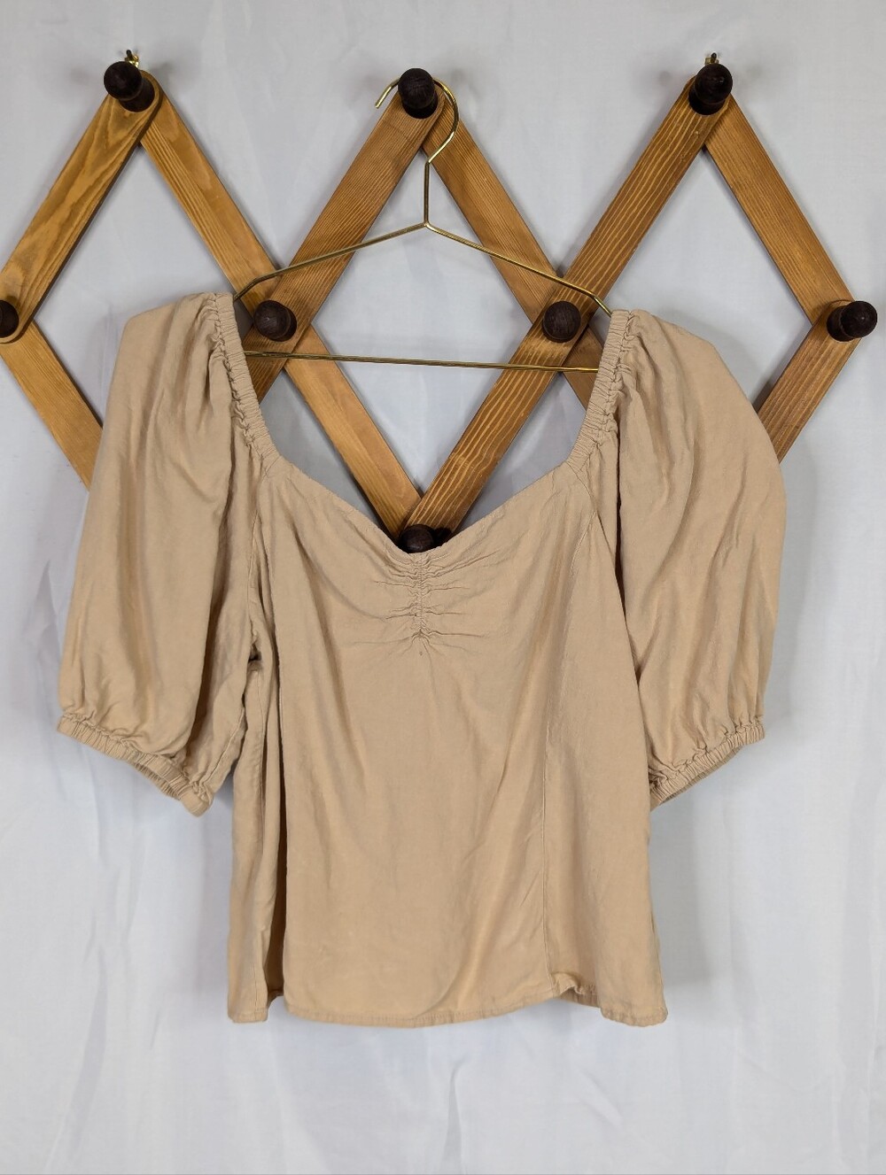 H&M Linen Blend Cottagecore Tan Peasant Top Shirt - Size Medium